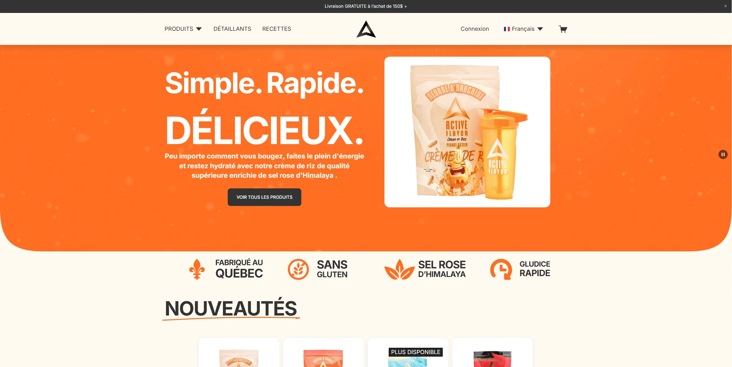 Boutique e-commerce Active Flavor - Site Squarespace pour crèmes et boissons de riz avec paiement Stripe